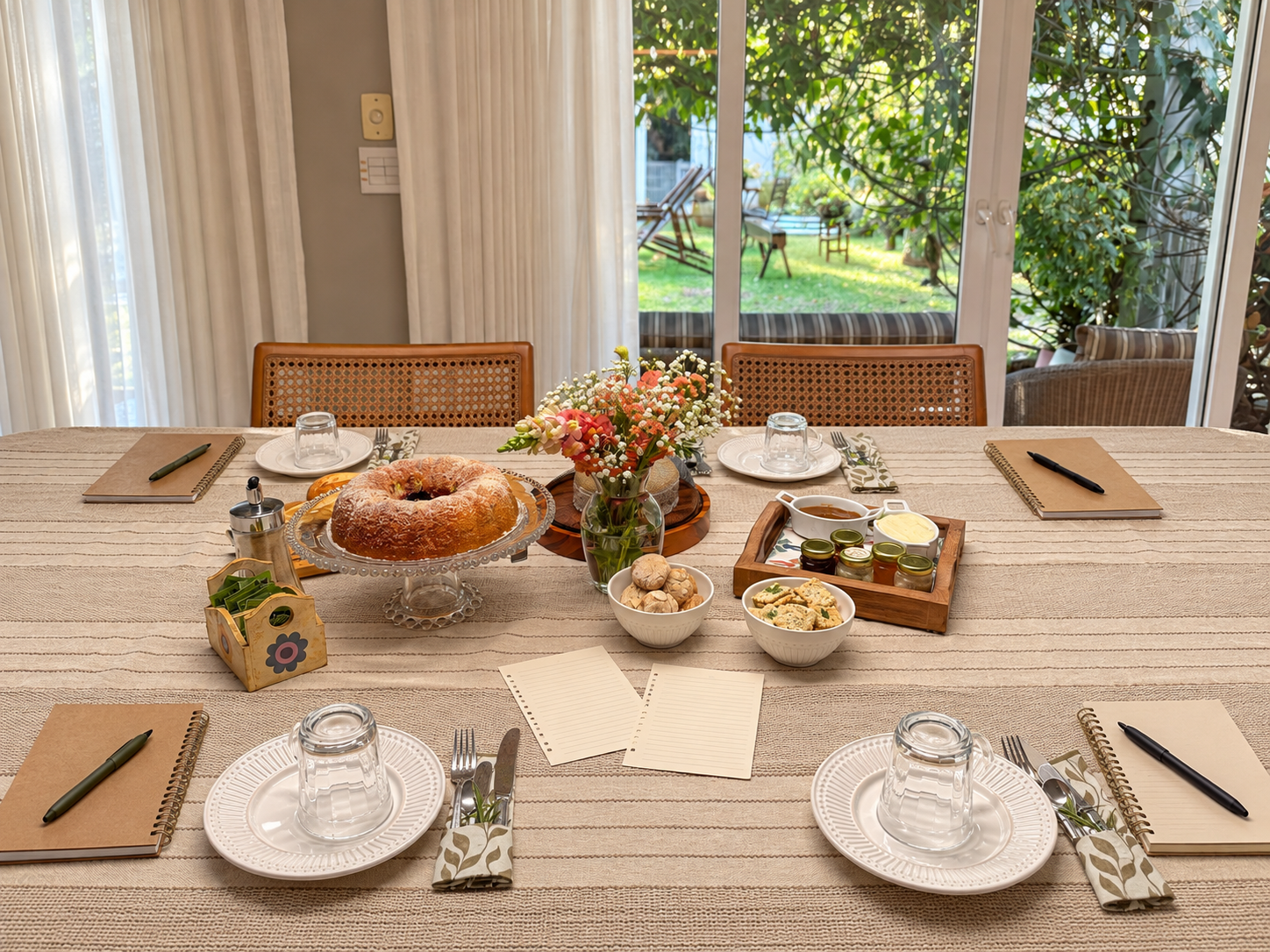 Mesa de reunião preparada com cadernos, louças e brunch diante do jardim